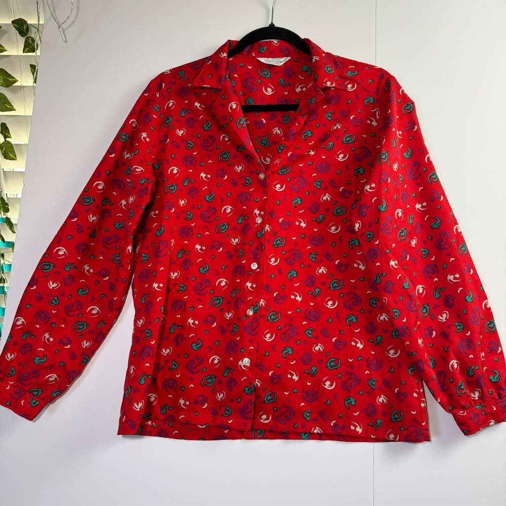 Vintage Sears Ultressa Red Abstract Swirl Heart Print Button Up Blouse Womens